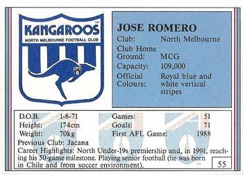 1992 AFL Regina #55 Jose Romero Back